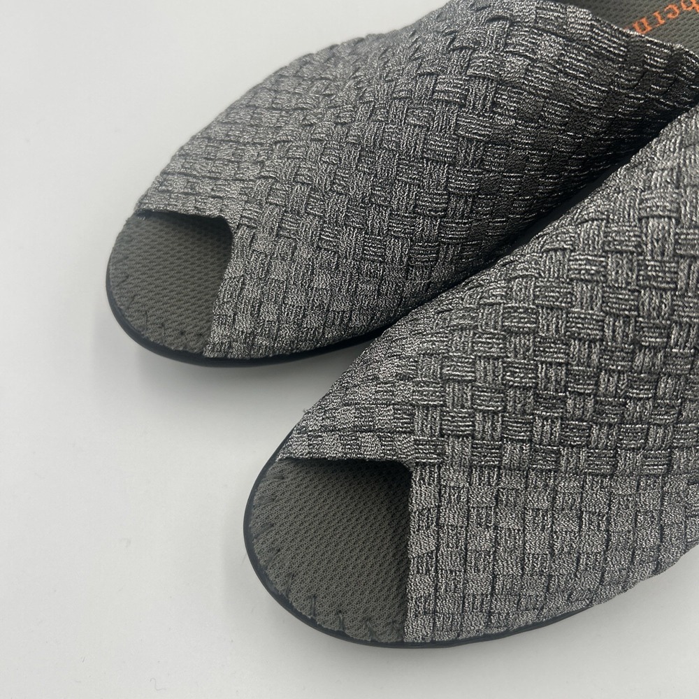 Bernie Mev Cyrene Basket Weave Peep-Toe Mules Silver Pewter Slip on Comfort NIB